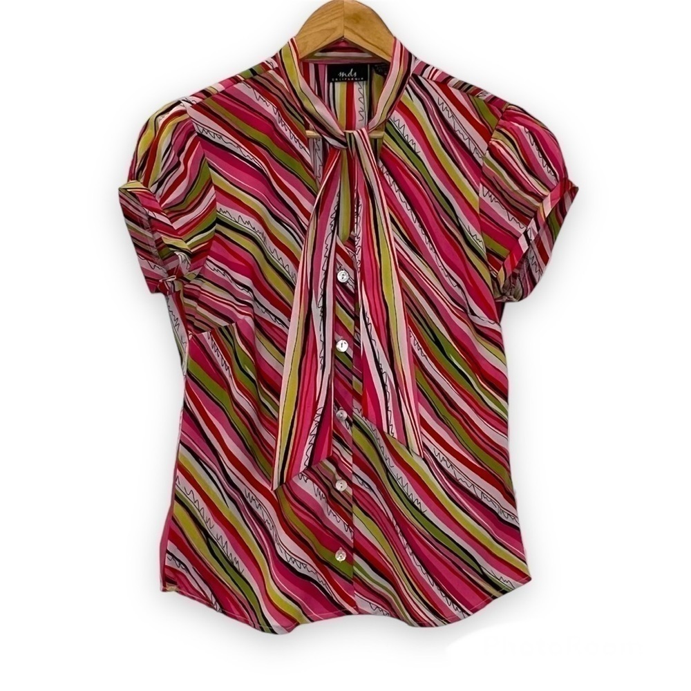 MDS California Vintage Button‎ Front Tie Neck Striped Blouse Small S